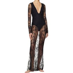 SKIMS Ultra Fine Lace Plunge Long Maxi Dress Large Onyx